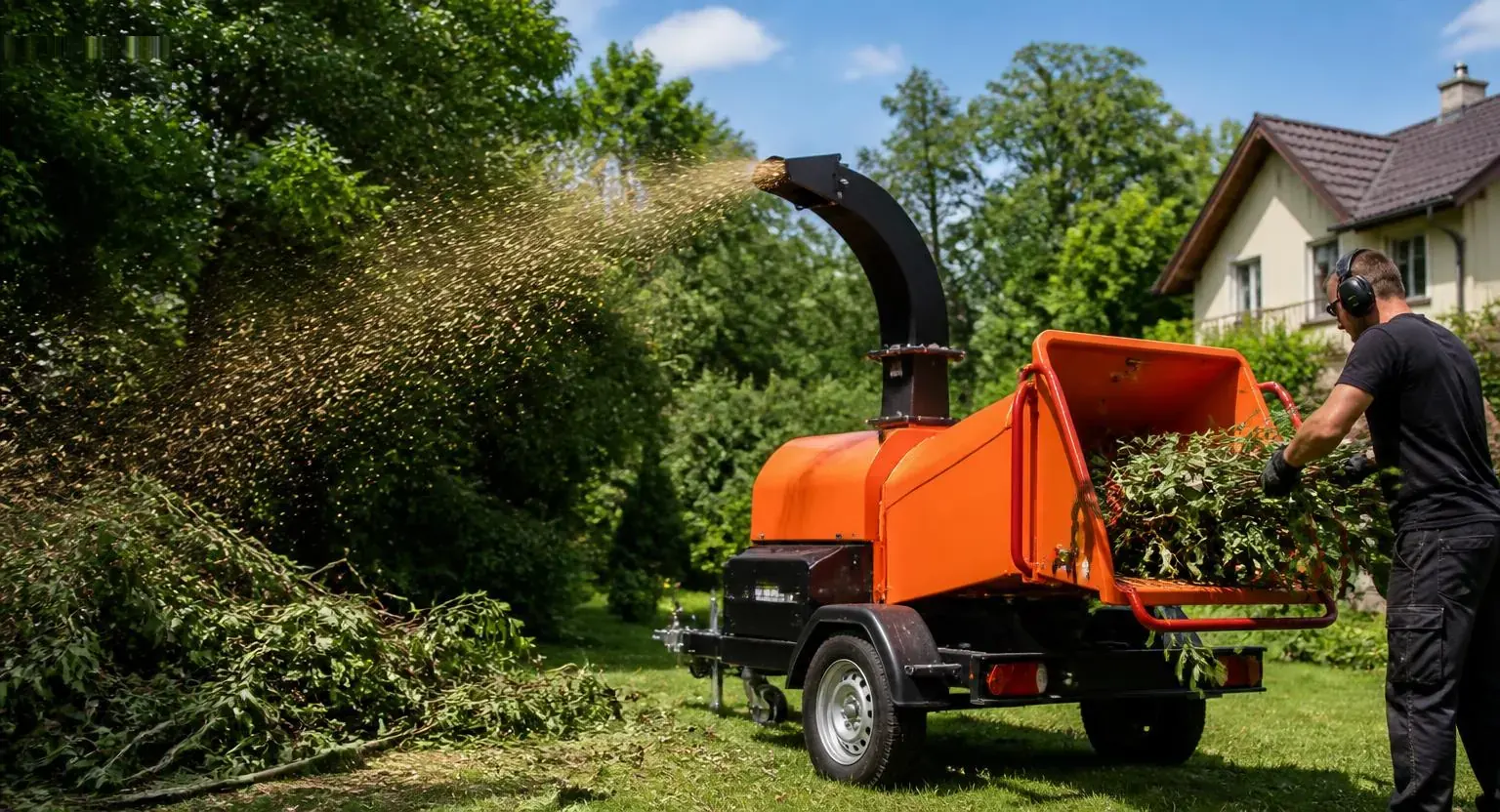 Oranžinis šakų smulkintuvas dirba žaliame namo kieme